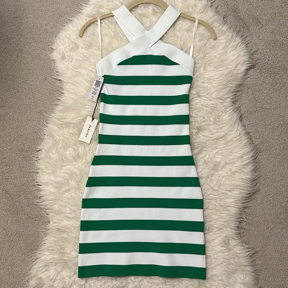 NWT Aritzia Babaton Sculpt Knit Criss Cross Dress in White/Gloss Green - XS